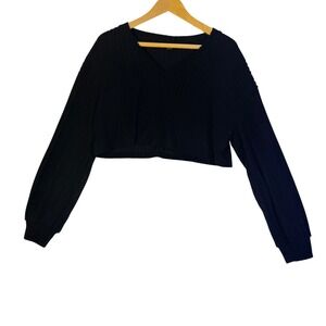 EvoluShein Black Ribbed V Neck Cropped Long Sleeve Sweater Top Women's Medium